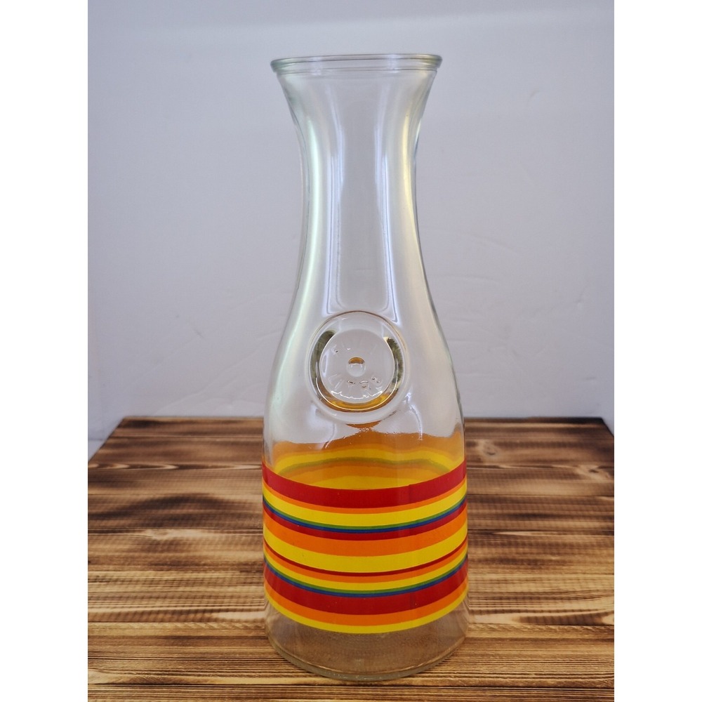VINTAGE JUICE CARAFE Retro PITCHER 11" Stripes Anchor Hocking Full Litre McM